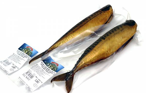 Cold smoked mackerel balyk in a vacuum packaging
